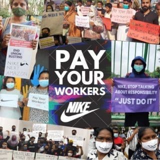 Collage de imágenes de protestas de trabajadoras de NIKE exigiendo el pago de salarios